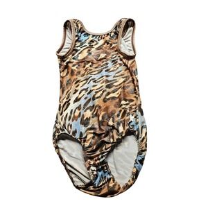Snowflake Designs Leopard Print Leotard Girls Brown Blue Metallic Gymnastics